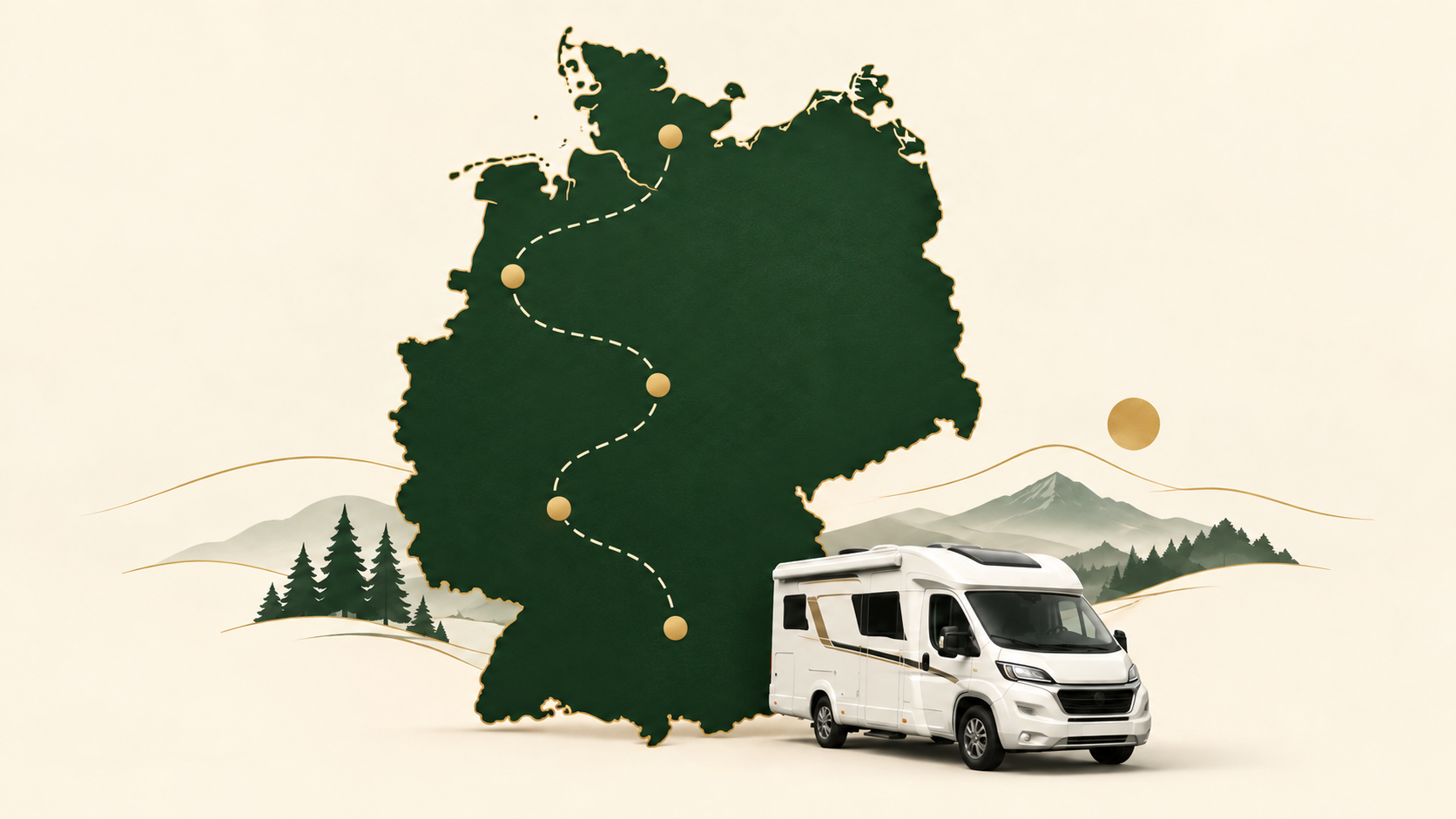 Symbolische Roadshow-Illustration: Deutschlandkarte mit fünf verbundenen Stopps und Wohnmobil, keine festgelegte Route